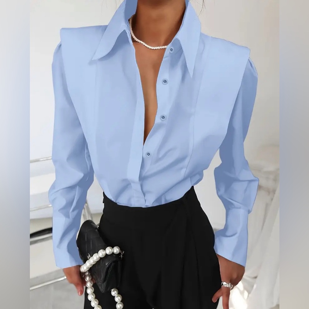 Black Elegant Solid Button Front Shirt - Flattering Lapel - Picture 5 of 8